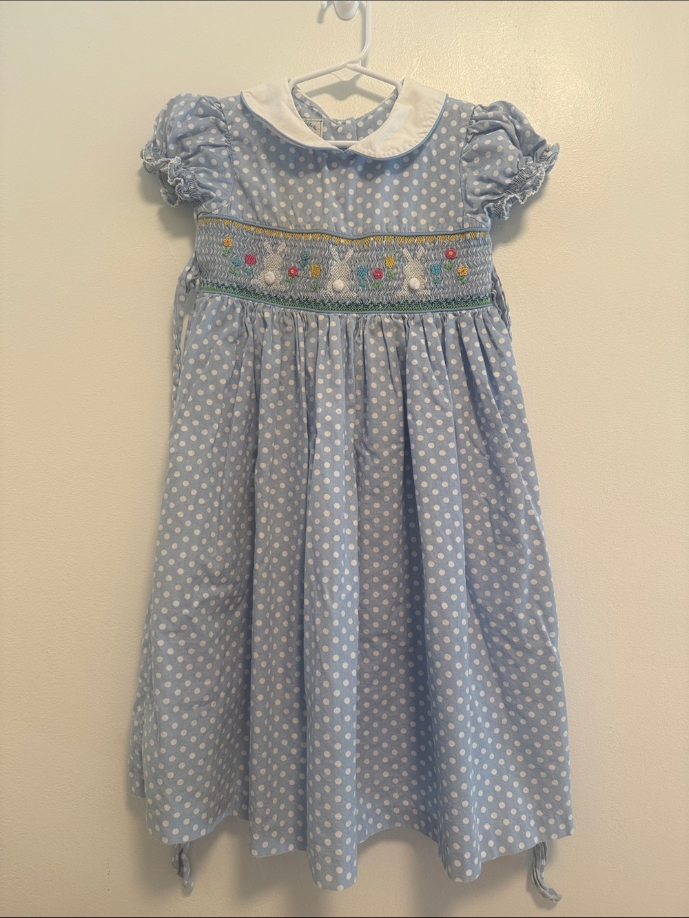 marmellata Light Blue Polka Dot Smocked Dress with White Collar